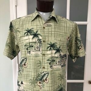 Summa Men's Large Green Retro Hawaiian Shirt Silk Palm Tree Lighthouse Floral